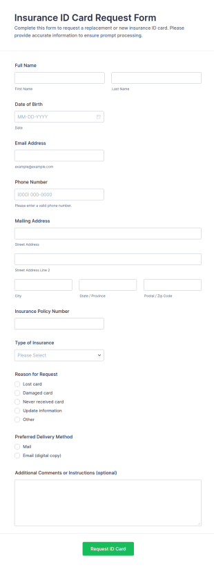 Insurance ID Card Request Form Template