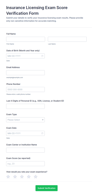 Insurance Licensing Exam Score Verification Form Template