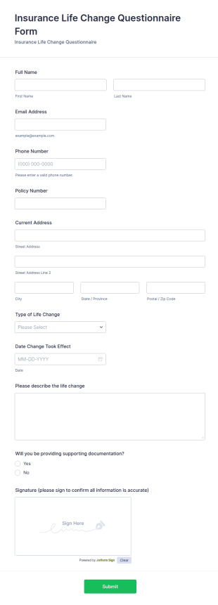 Insurance Life Change Questionnaire Form Template