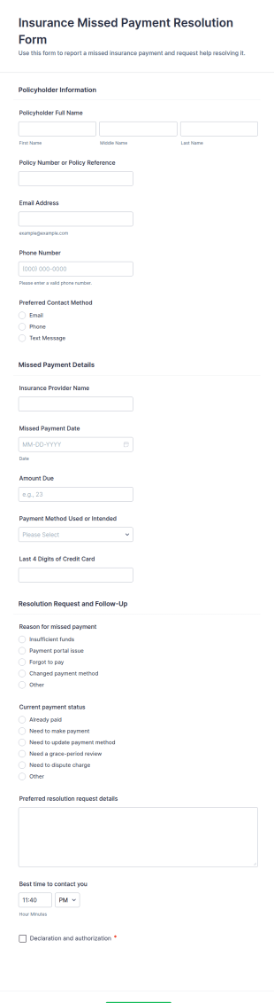 Insurance Missed Payment Resolution Form Template