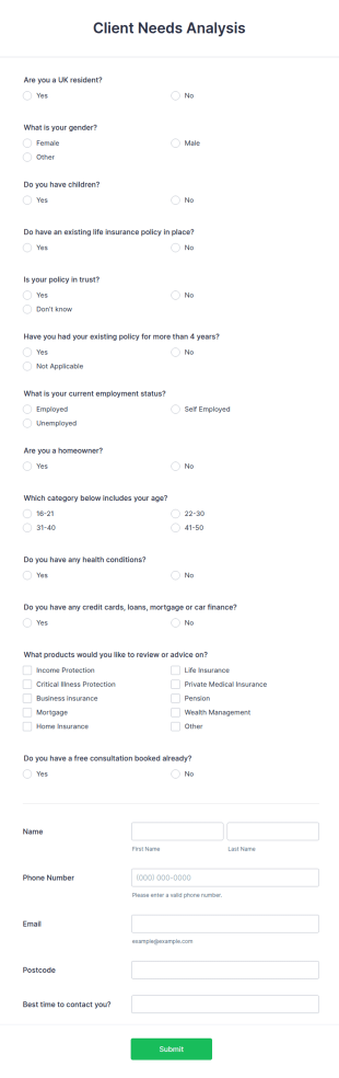 Insurance Needs Analysis Form Template