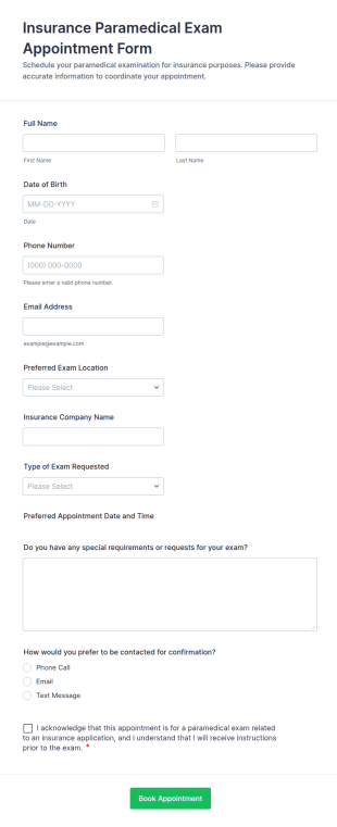 Insurance Paramedical Exam Appointment Form Template