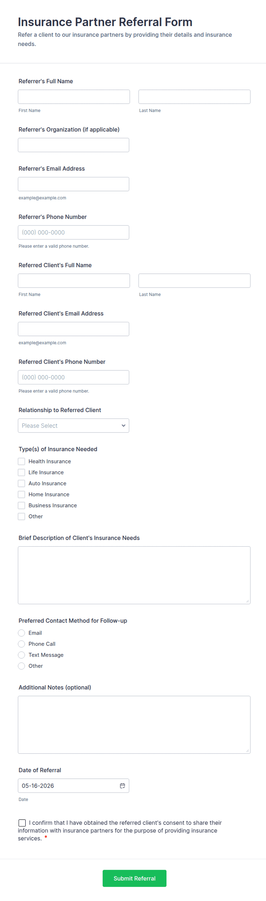 Insurance Lab Referal Script Insurance Partner Referral Form Template | Jotform