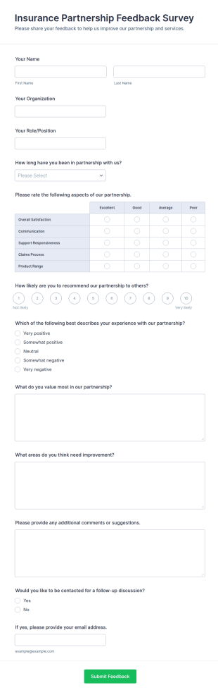 Insurance Partnership Feedback Survey Form Template