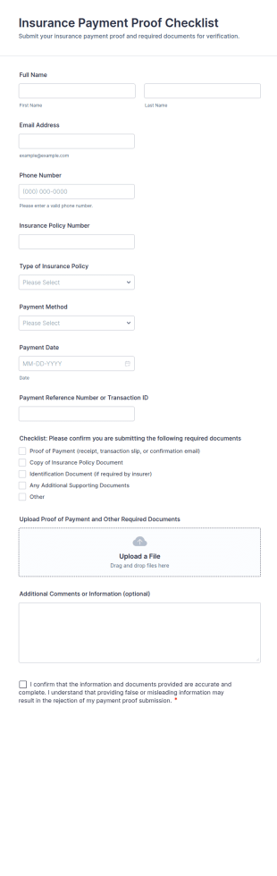 Insurance Payment Proof Checklist Form Template