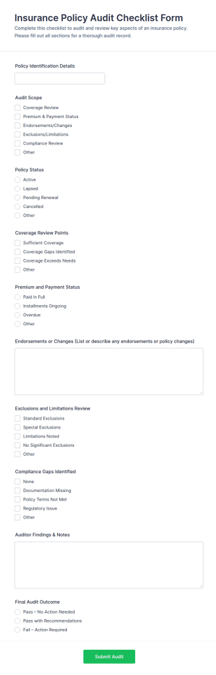 Insurance Policy Audit Checklist Form Template