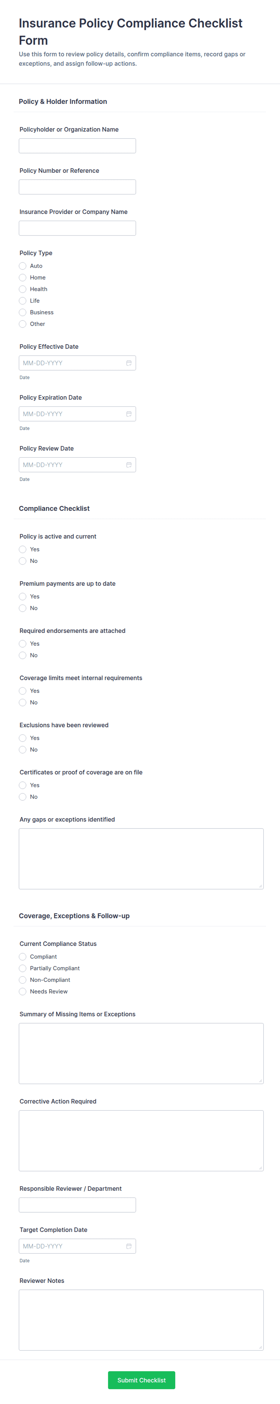 Insurance Policy Compliance Checklist Form Template | Jotform