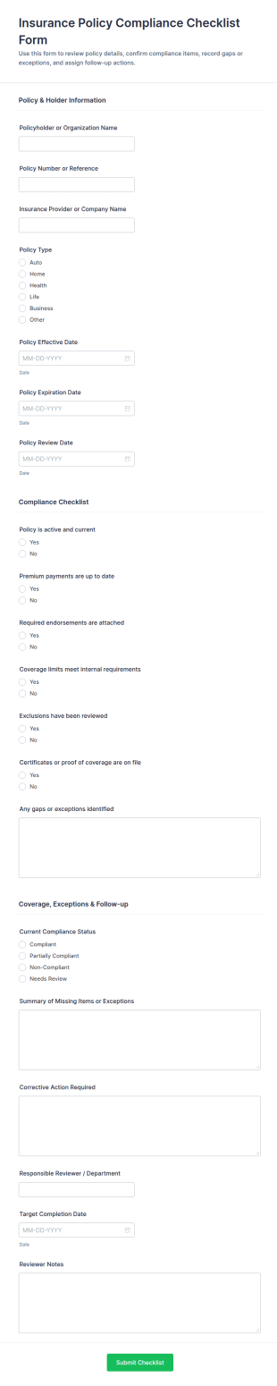 Insurance Policy Compliance Checklist Form Template