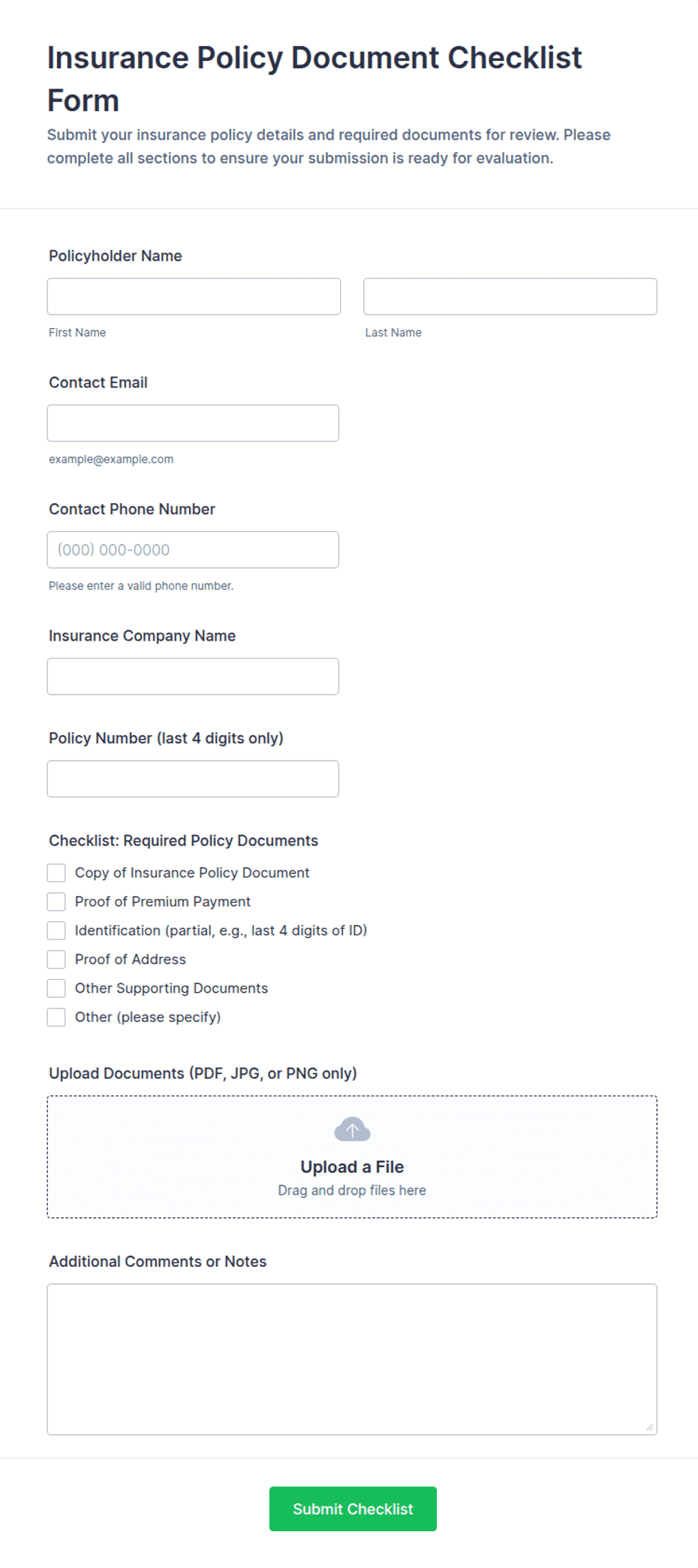 Insurance Policy Document Checklist Form Template | Jotform