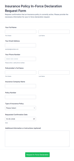 Insurance Policy In Force Declaration Request Form Template
