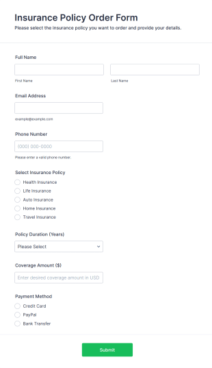 Insurance Policy Order Form Template