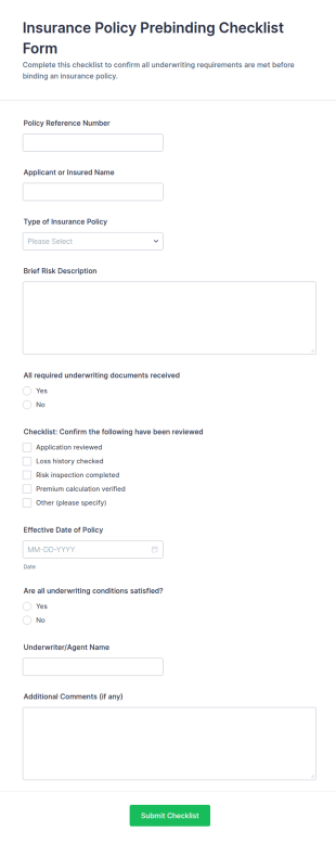 Insurance Policy Prebinding Checklist Form Template