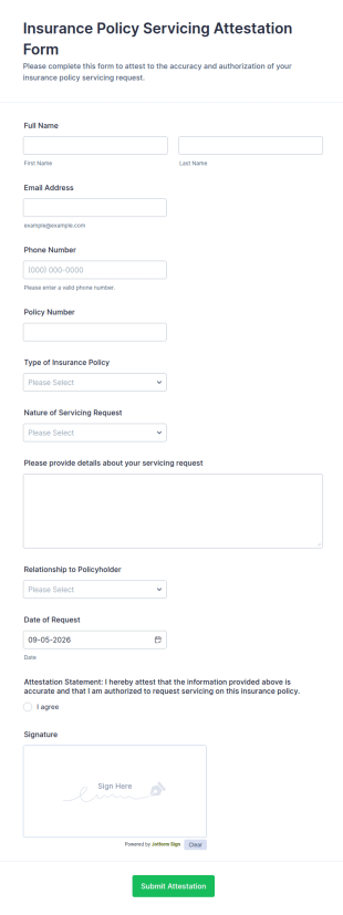 Insurance Policy Servicing Attestation Form Template