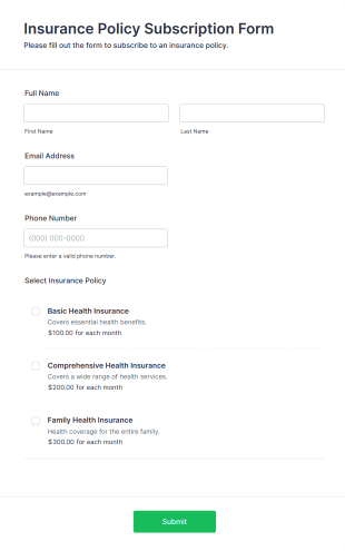 Insurance Policy Subscription Form Form Template