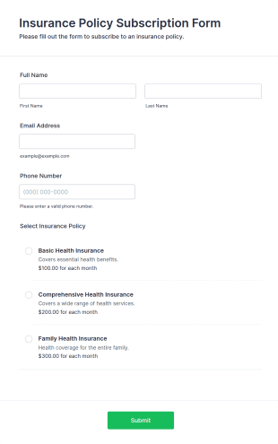 Insurance Policy Subscription Form Template