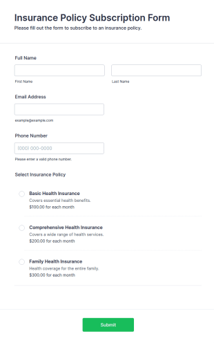 Insurance Policy Subscription Form Template