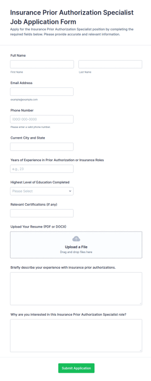 Insurance Prior Authorization Specialist Job Application Form Template