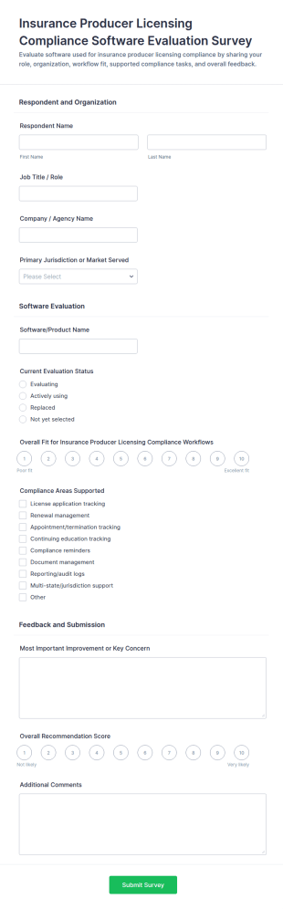 Insurance Producer Licensing Compliance Software Evaluation Survey Form Template