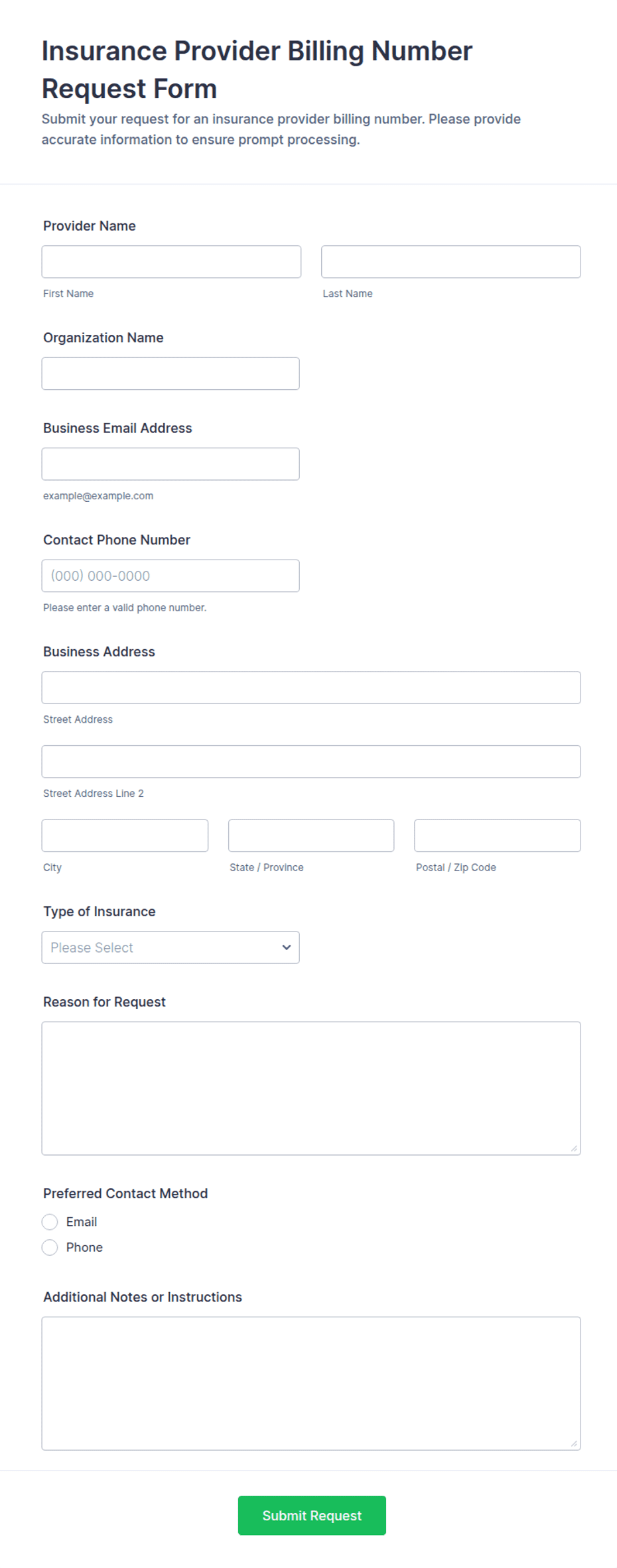 Insurance Provider Billing Number Request Form Template | Jotform