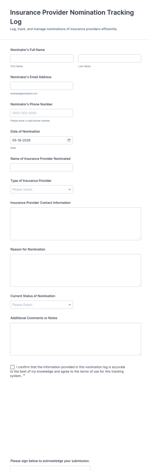 Insurance Provider Nomination Tracking Log Form Template