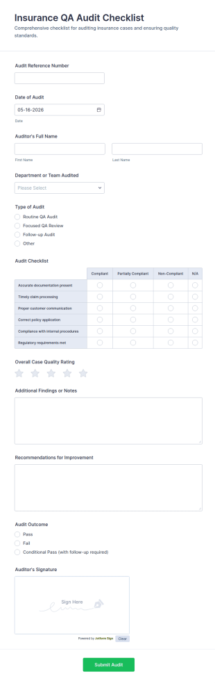 Insurance QA Audit Checklist Form Template