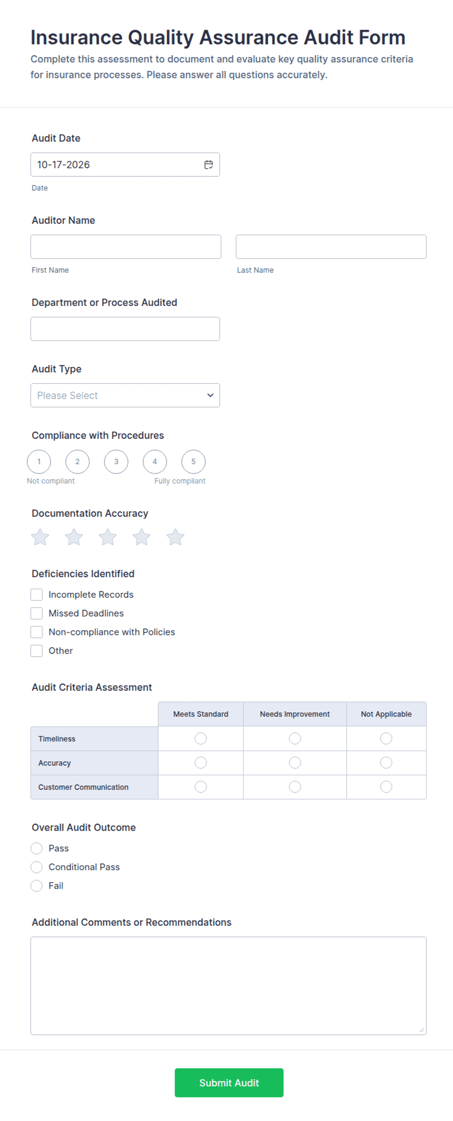 Insurance Quality Assurance Audit Form Template | Jotform