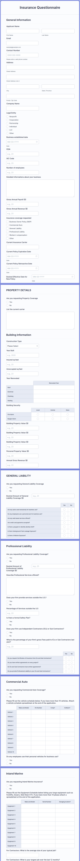 Insurance Questionnaire Form Template