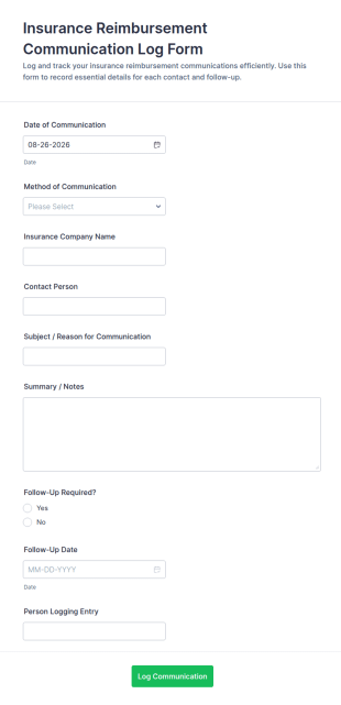Insurance Reimbursement Communication Log Form Template