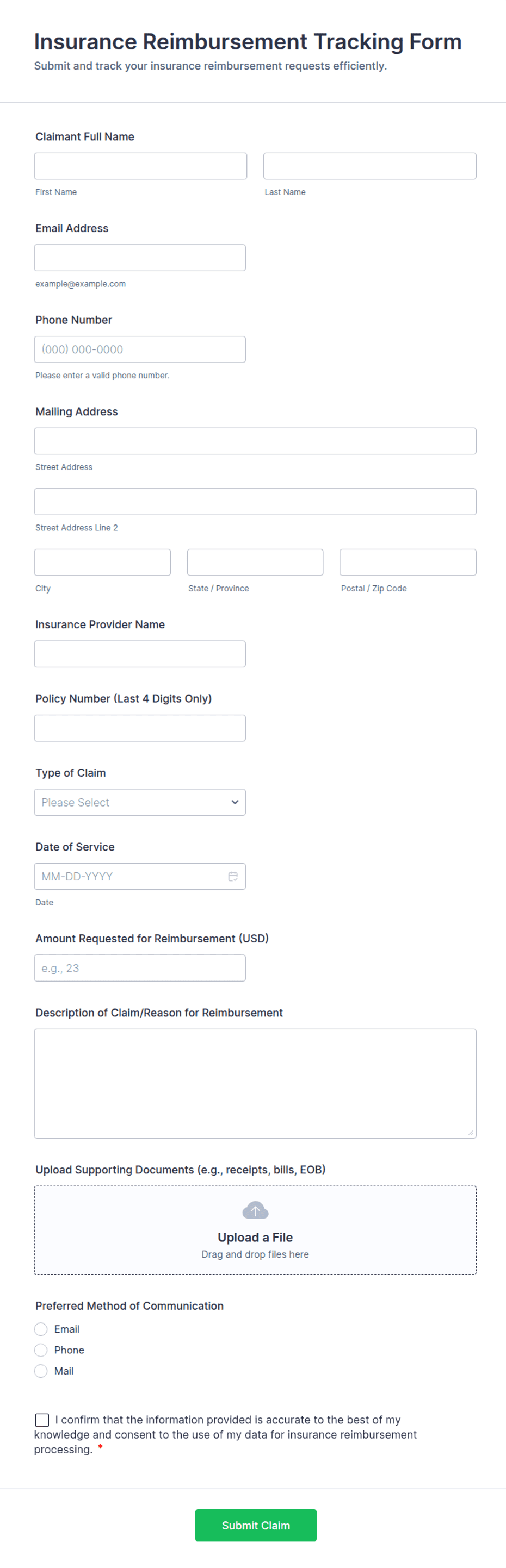 Insurance Reimbursement Tracking Form Template | Jotform