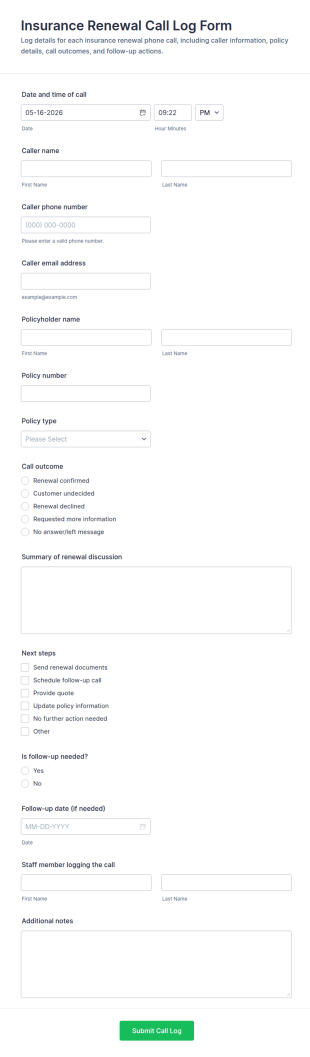 Insurance Renewal Call Log Form Template