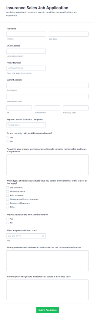 Insurance Sales Job Application Form Template