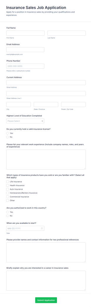 Insurance Sales Job Application Form Template