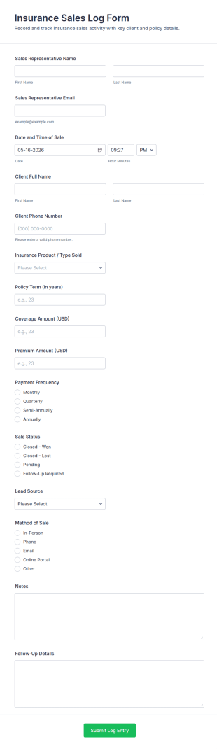 Insurance Sales Log Form Template