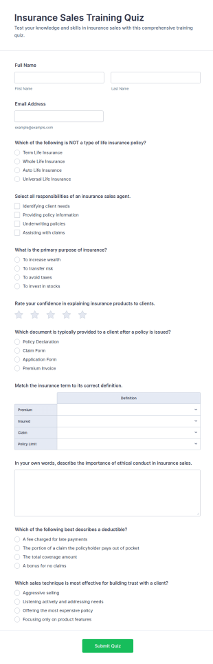 Insurance Sales Training Quiz Form Template
