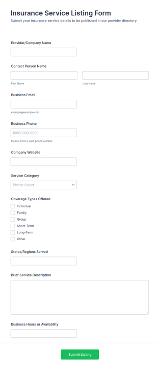 Insurance Service Listing Form Template