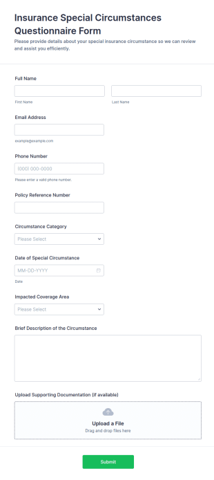 Insurance Special Circumstances Questionnaire Form Template
