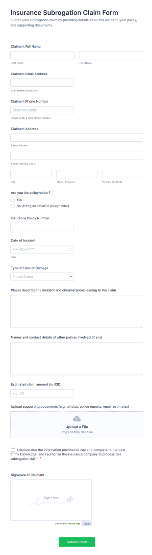 Insurance Subrogation Claim Form Template