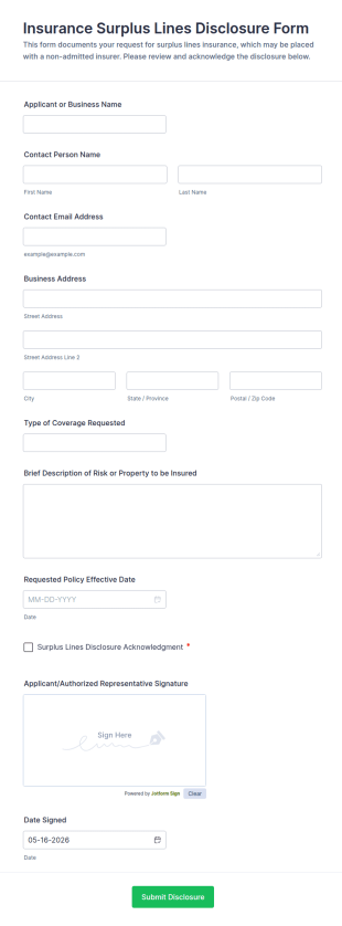 Insurance Surplus Lines Disclosure Form Template