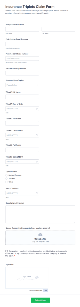 Insurance Triplets Claim Form Template