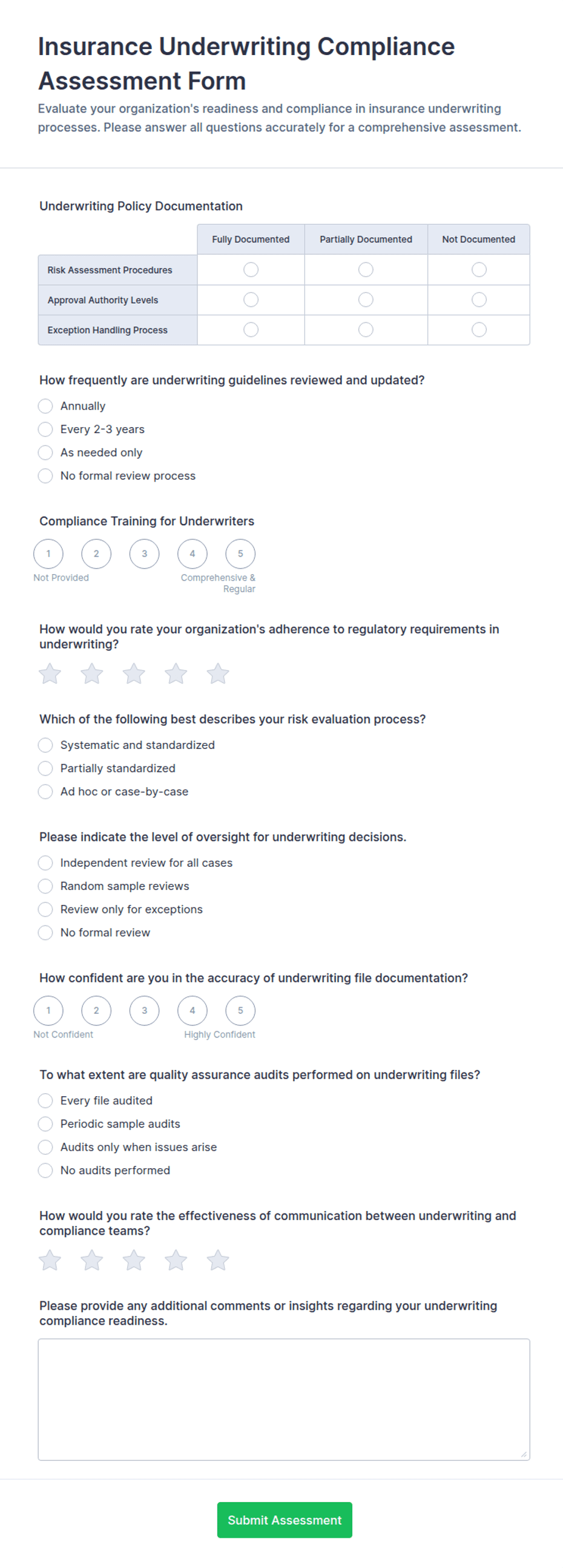 Insurance Underwriting Compliance Assessment Form Template | Jotform