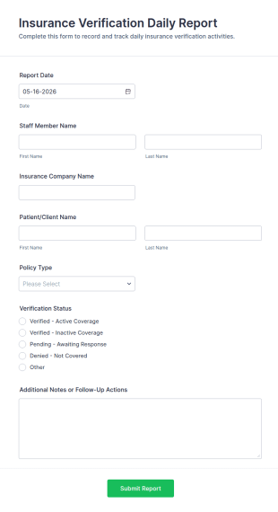 Insurance Verification Daily Report Form Template