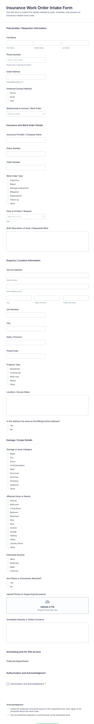 Insurance Work Order Intake Form Template