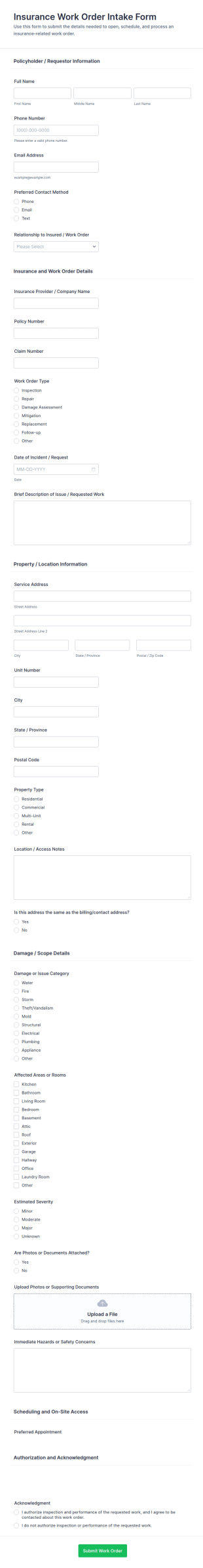 Insurance Work Order Intake Form Template