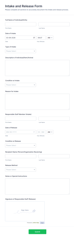 Intake And Release Form Template