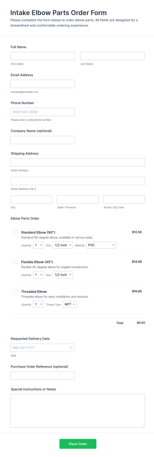 Intake Elbow Parts Order Form Template