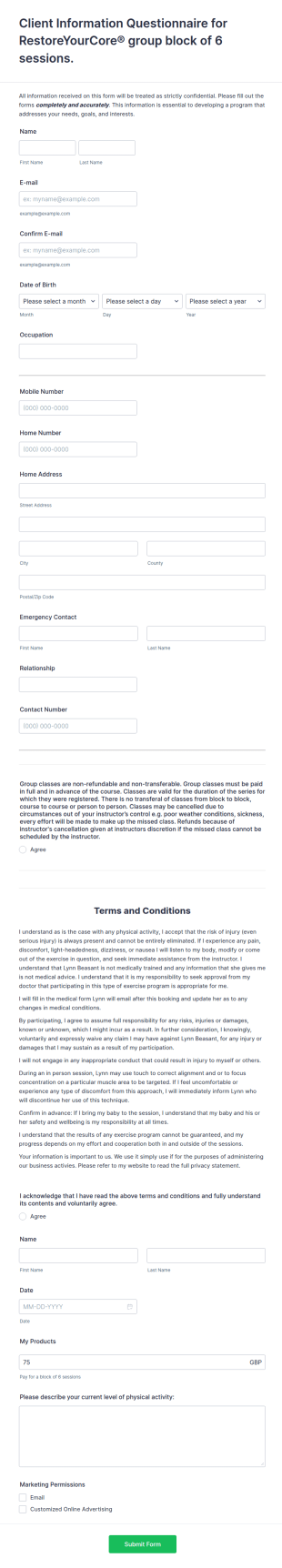 New Client Group Session Intake Form Template