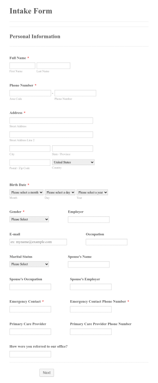 Intake Form For Care Providers Form Template