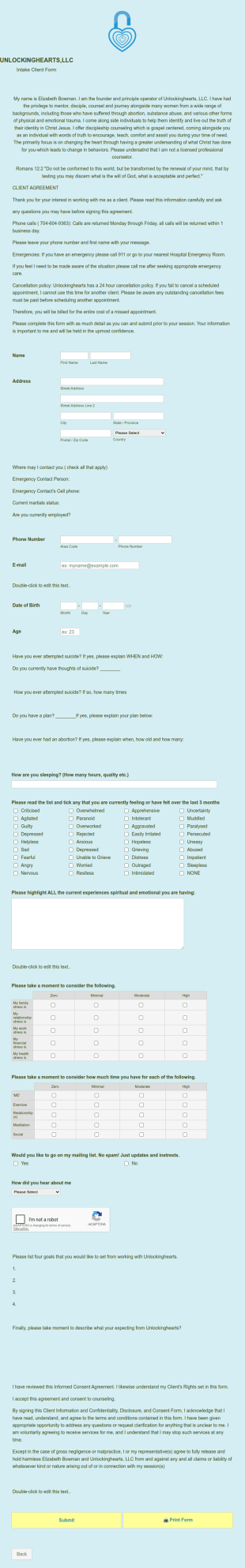 Intake Form For Unlockinghearts