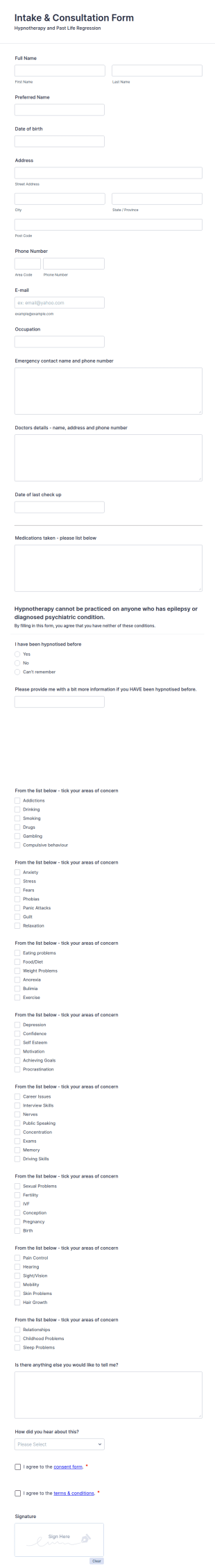 Hypnotherapy Intake And Consultation Form Template