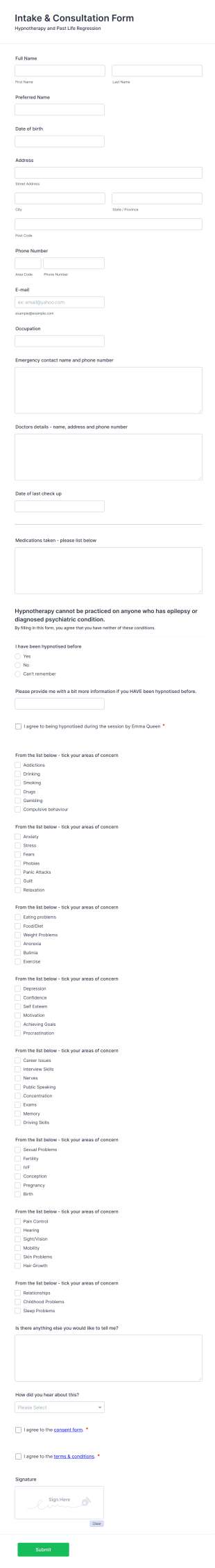 Hypnotherapy Intake And Consultation Form Template